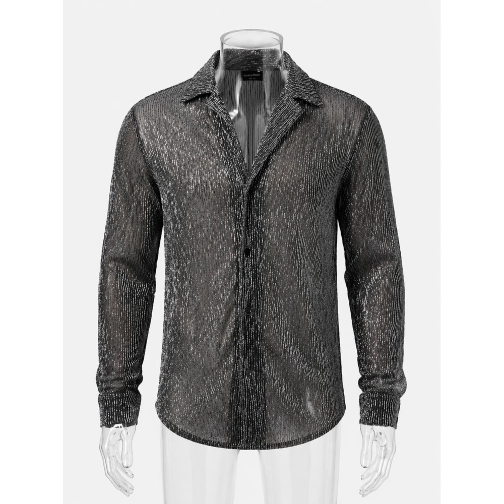 NWT Mesh Shirt Long Sleeve See Through Glitter Button Mens XXL Sexy Nightclub
